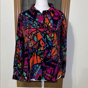 Big Dart Abstract Button Front Blouse High Low Size 12 Pink Orange